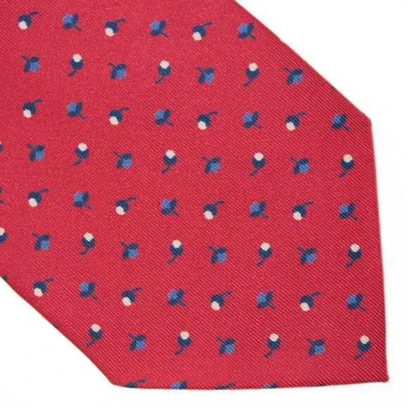 Drake's NWT Neck Tie in Red with Navy/Light Blue & White Floral Print 100% Silk